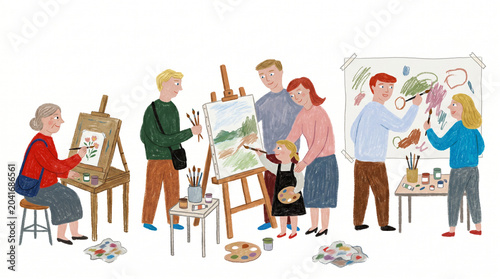 Hand Drawn Illustration of a Multigenerational Family Painting Together in Art Class
