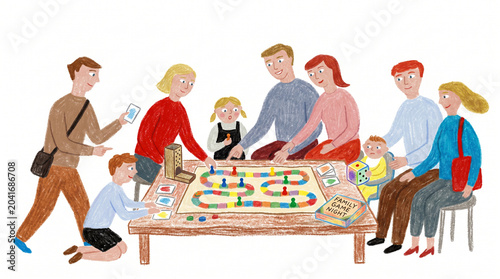 Hand Drawn Illustration of a Family Sitting at a Table Playing a Board Game