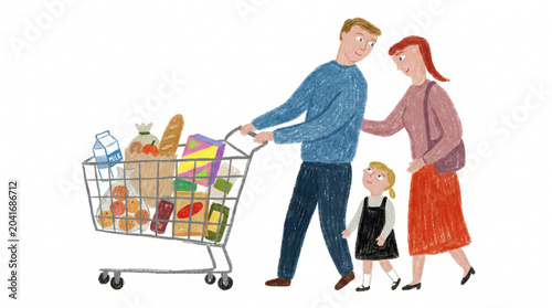 Hand Drawn Illustration of a Family Pushing a Grocery Cart While Shopping
