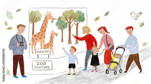 Hand Drawn Illustration of a Family Visiting the Zoo and Looking at Giraffes