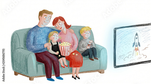 Hand Drawn Illustration of a Family Watching a Movie on the Sofa with Popcorn