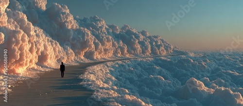 Lone figure walks on a path above fluffy clouds under a soft sky