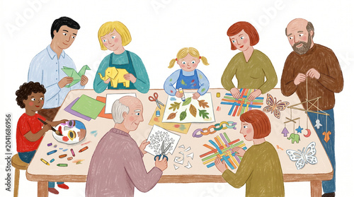 Hand Drawn Illustration of a Large Family Making Origami and Paper Crafts Together