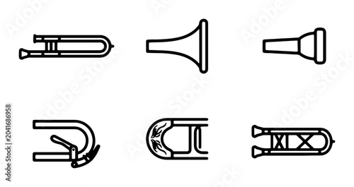 Bild auf Leinwand Brass Instrument Parts Vector Icons: Trombone Slide, Bell, Mouthpiece, Valves, T