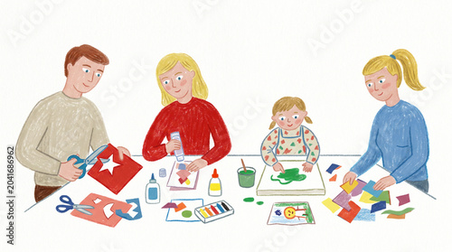 Hand Drawn Illustration of Parents and Children Making Paper Crafts at a Table