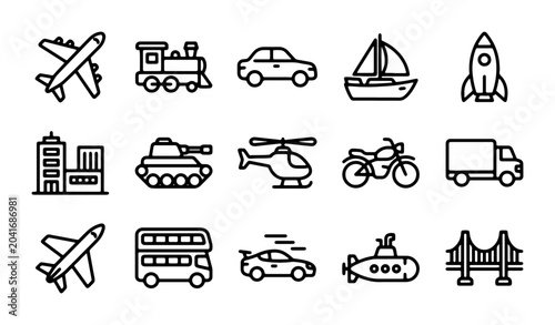 Bild auf Leinwand Transportation Icons Set: Airplanes, Trains, Cars, Ships, Rockets, Helicopters,