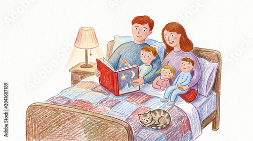 Hand Drawn Illustration of a Big Family Gathered on Bed Reading a Storybook
