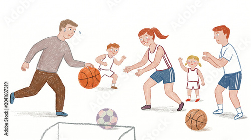 Hand Drawn Illustration of an Active Family Playing Basketball and Soccer Outdoor