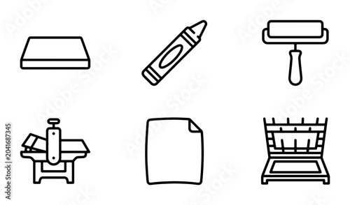 Foto Printing Press Icons, Art Supplies, Paper, and Tools: Graphic Design Elements
