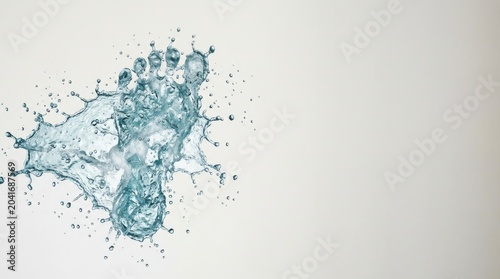 Footprint shape formed by splashing water for World Oceans Day. Creative concept illustrating human impact on marine environment. Ecological conservation theme with blue splash on grey copy space.