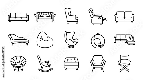 Konstfotografi Modern Furniture Icons Set, Vector Sofa, Chair, Recliner, Ottoman, Bean Bag, Lou