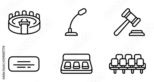 Obraz na płótnie Courtroom Icons, Legal Gavel, Microphone, Auditorium Seats, Vector Graphics Set