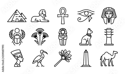 Foto Ancient Egyptian Icons Set: Pyramid, Sphinx, Ankh, Eye of Horus, Pharaoh, Scarab