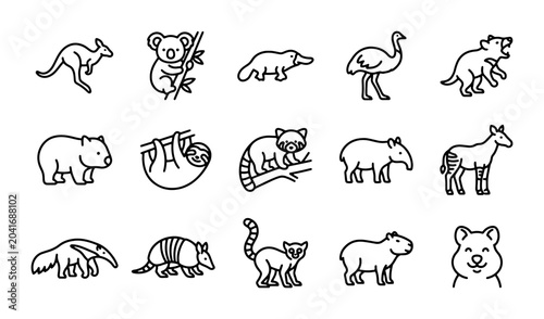 Photography Australian Wildlife Icons Set, Kangaroo, Koala, Wombat, Emu, Vector Graphics Col