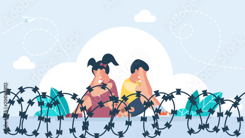 Sad little children sitting behind a barbed wire fence and crying covering faces, representing human rights violations, refugee crisis and lost childhood concepts. Vector illustration