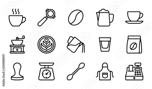 Foto Coffee Shop Icons Set, Espresso Bar Equipment, Barista Tools, Cafe Service Vecto