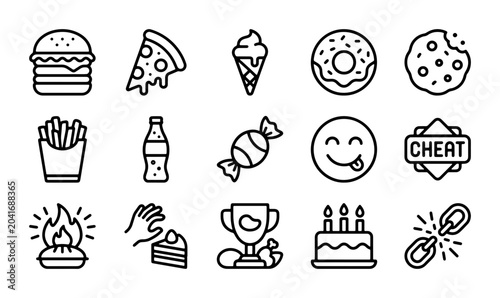 Foto 15 Food Icons: Burger, Pizza, Ice Cream, Donut, Cookie, Fries, Soda, Candy, Cake
