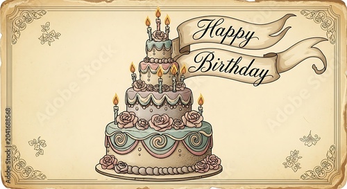 Vintage Illustrated Birthday Cake with Candles and Ribbon Greeting on Ornate Card