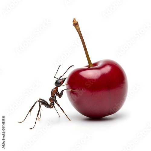 Large Black Ant Inspecting Glossy Red Cherry on White Background