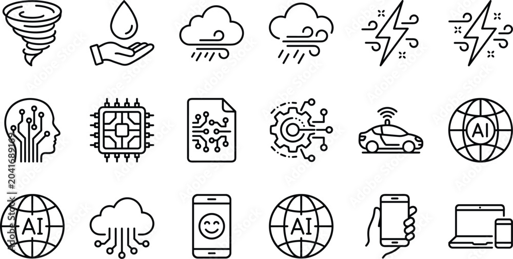 Fototapeta premium Line Icon Set Combining Extreme Weather Conditions with Smart Artificial Intelligence and Technology Concepts