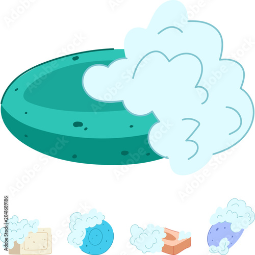Tableau sur toile Soap bars producing rich lather and bubbly foam on a white background, evoking c