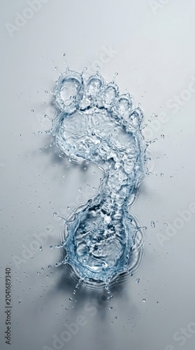 Human footprint made of splashing water on a gray background. Concept of ecology, World Oceans Day, environmental protection and human impact on nature. Sustainable lifestyle symbol.
