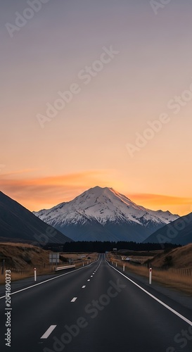 Snow Capped Mountain Rising Beyond Empty Highway at Colorful Sunset
