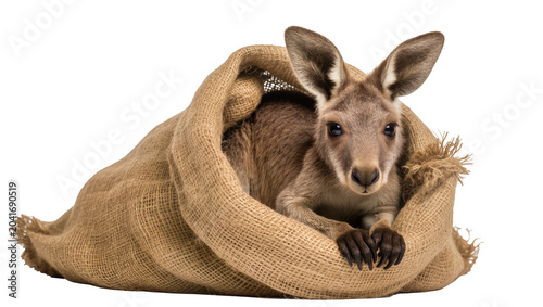 Photos Young kangaroo peeking out of burlap sack