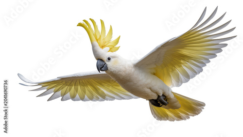 Foto Sulphur-crested cockatoo in flight with yellow crest and wings