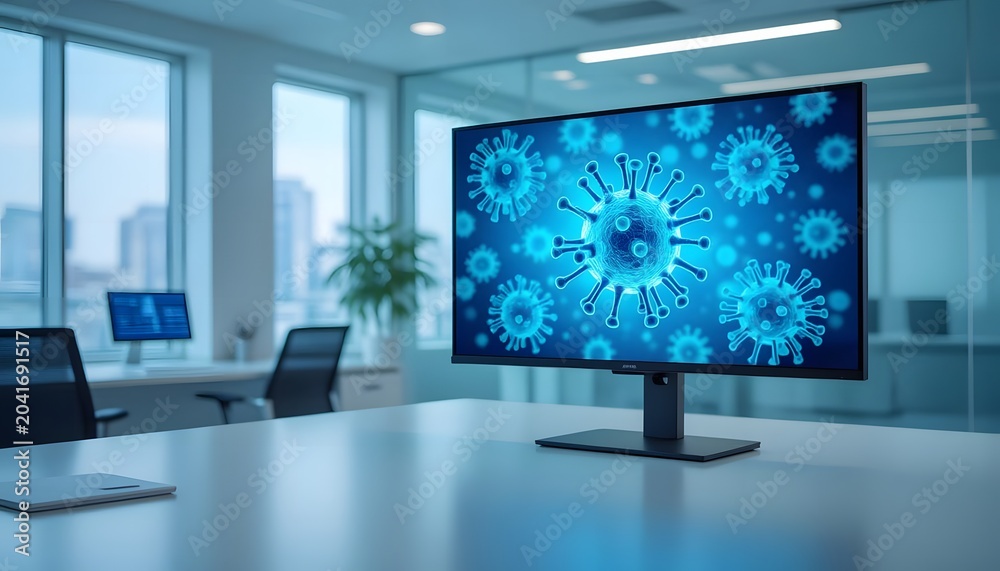 Fototapeta premium Abstract Microscopic Virus Illustration Displayed on a Modern Office Computer Screen