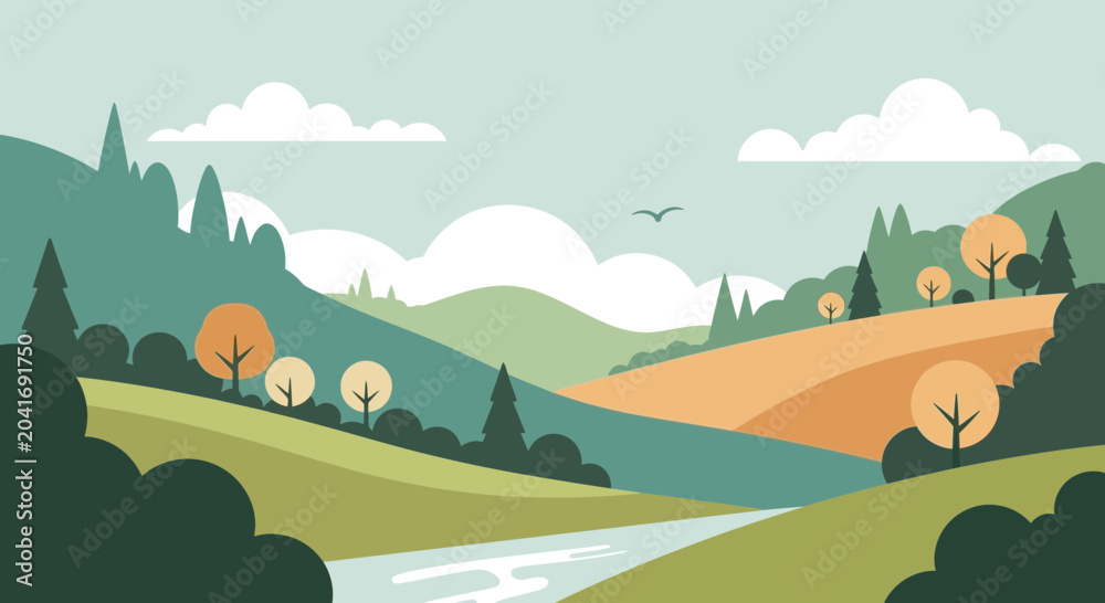Obraz premium Serene Autumn Landscape with Rolling Hills, River, and Trees - Flat Design