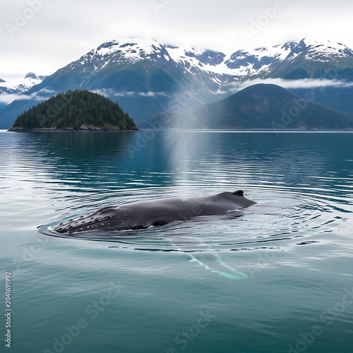 Large Humpback Whale Surfacing in Calm Fjord with Snowy Mountains