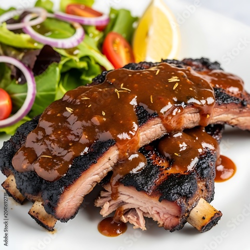Glazed Barbecue Pork Ribs Served with Fresh Salad and Lemon Wedge on White Plate