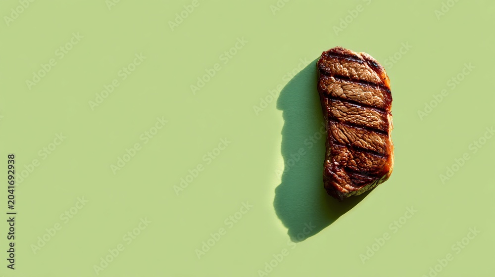 Naklejka premium A minimalist composition featuring a single grilled steak casting a long shadow across a solid pastel green background