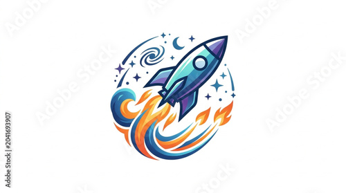 Cuadro en lienzo Cartoon rocket ship blasting off into starry night sky.