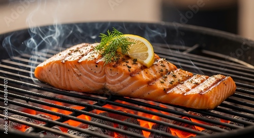Grilled Salmon Fillet Cooking with Lemon and Dill on Outdoor Barbecue Grill