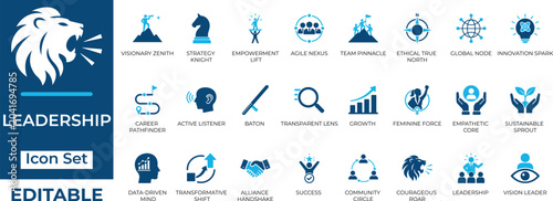 Modern editable leadership, business strategy, and teamwork vector icon set in flat blue design.