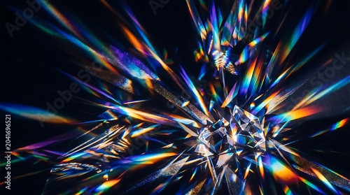 Abstract Prism Crystals Dispersing Vibrant Rainbow Light Rays on Dark Background