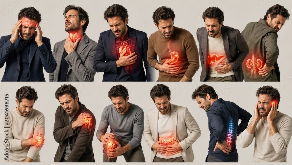 Obraz premium Man experiencing pain in different body areas illustrated with red glowing organs. Collection of common physical health issues including headache, digestion, joint and back discomfort.