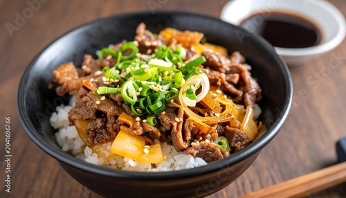 Savory Beef Rice Bowl Topped with Green Onion on Wooden Table