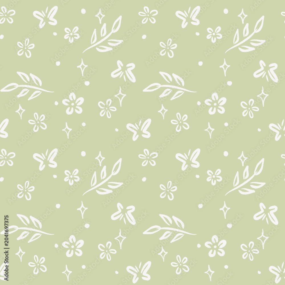 Fototapeta premium Minimal White Botanical Seamless Pattern on Sage Green Background