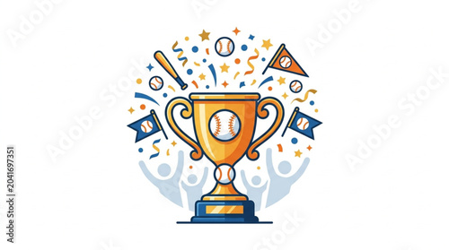 Quadro su tela Golden Baseball Trophy with Confetti and Flags Celebrating Victory