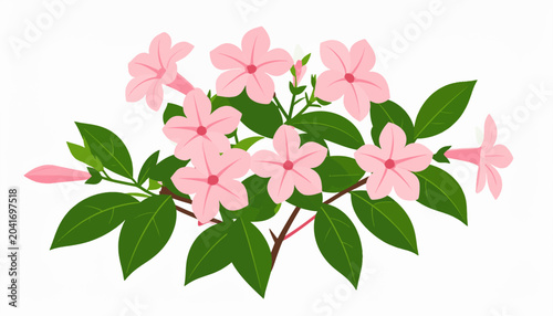 A cluster of delicate pink trumpet-shaped flowers with green leaves
