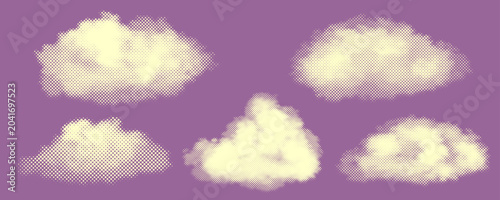 Comprehensive set of five cream and purple abstract cloud halftone overlay textures. Creative retro screen printing fluffy sky dot pattern collection for contemporary design layouts.
