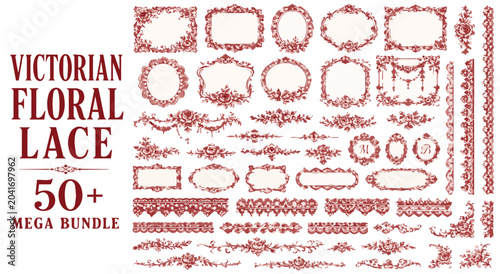 Принти на полотні Victorian floral lace mega bundle with 50+ elements, vintage burgundy filigree f