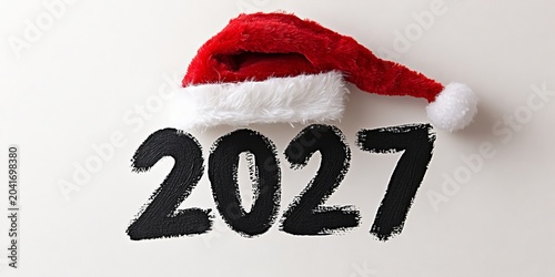 Joyful 2027 New Year Celebration with Hand Painted Numerals and Charming Santa Hat Design, Isolated