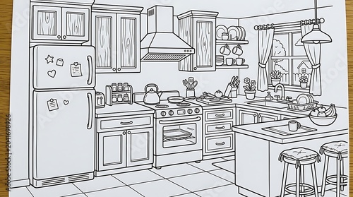 Black and White Kitchen Interior Line Drawing on Paper