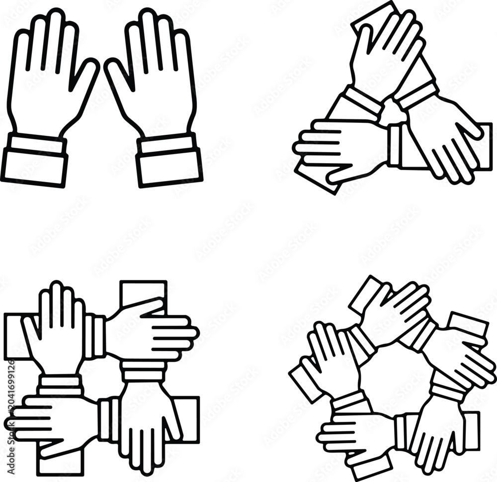 Obraz premium Helping Hands Outline Icon Set Featuring Teamwork Unity Support Collaboration And Volunteer Community Assistance Symbols Collection