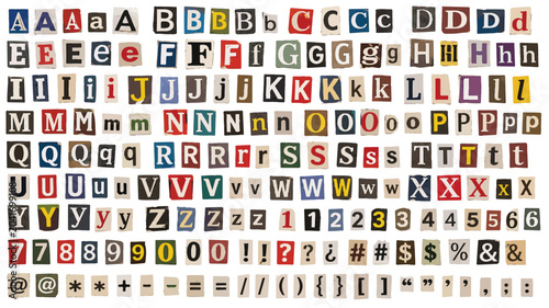 Schilderij op canvas Ransom note alphabet letters and numbers, vintage newspaper clippings set, color