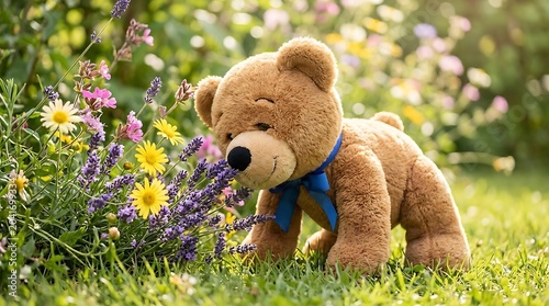 Cute Brown Teddy Bear Toy Sitting Beside Colorful Flowers in Sunny Garden